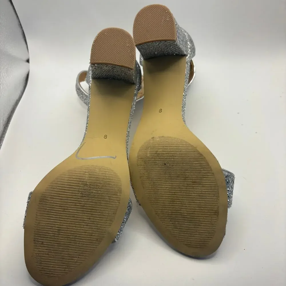 Badgley Mischka American Glamour Silver Glitter Block Heel Sandals Size 8